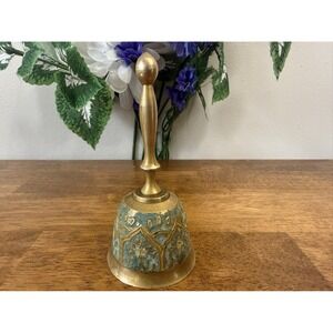 Vintage Brass Hand Bell Verdigris Pattern Decor Made in India Accent Collectible